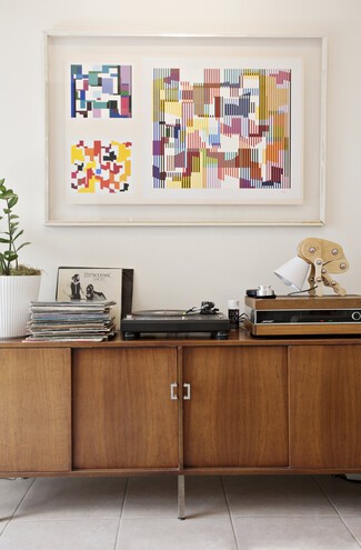Sideboard with Tapered Metal Legs for Walnut Record Storage
