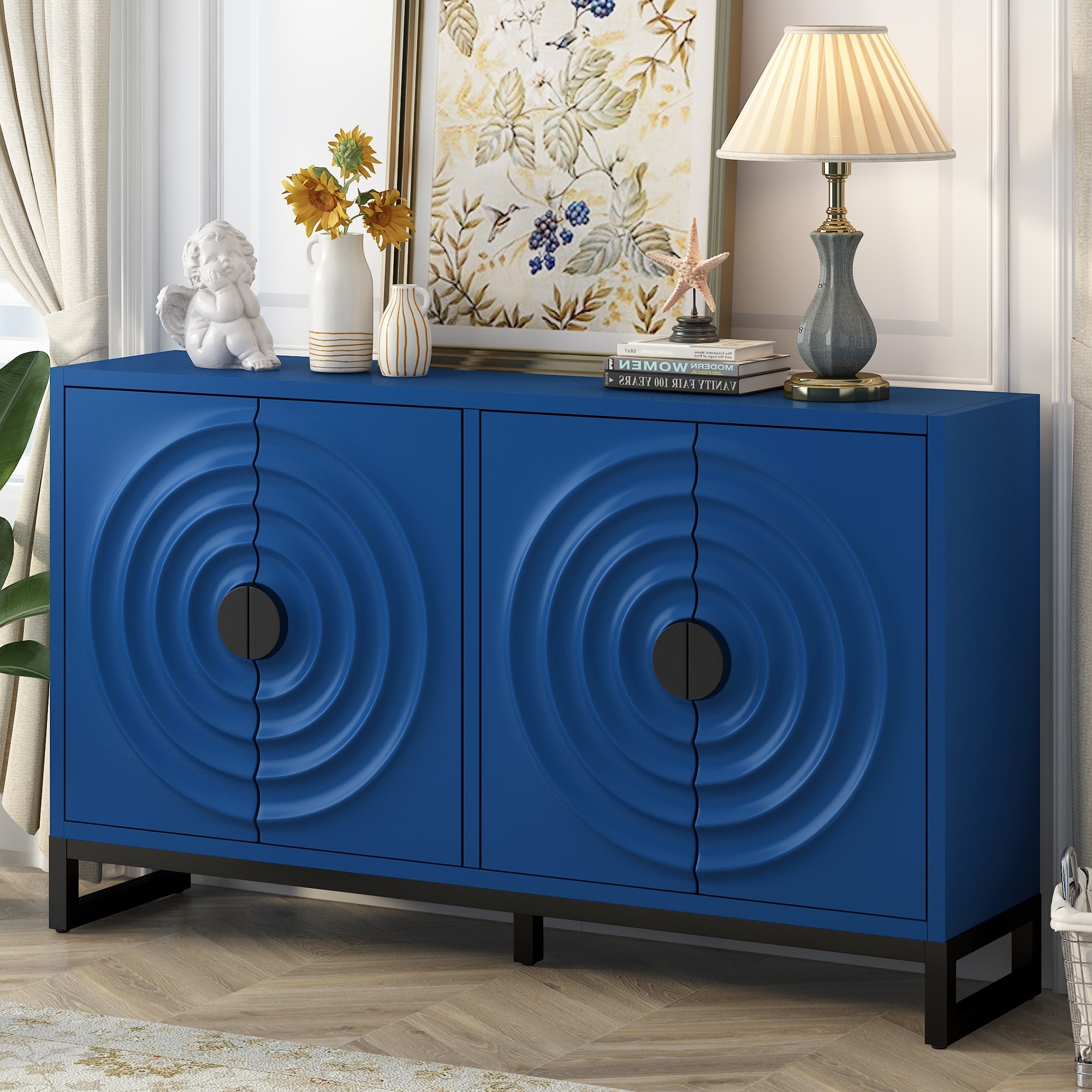 Sideboard with Water Wave Doors and Concentric Carvings