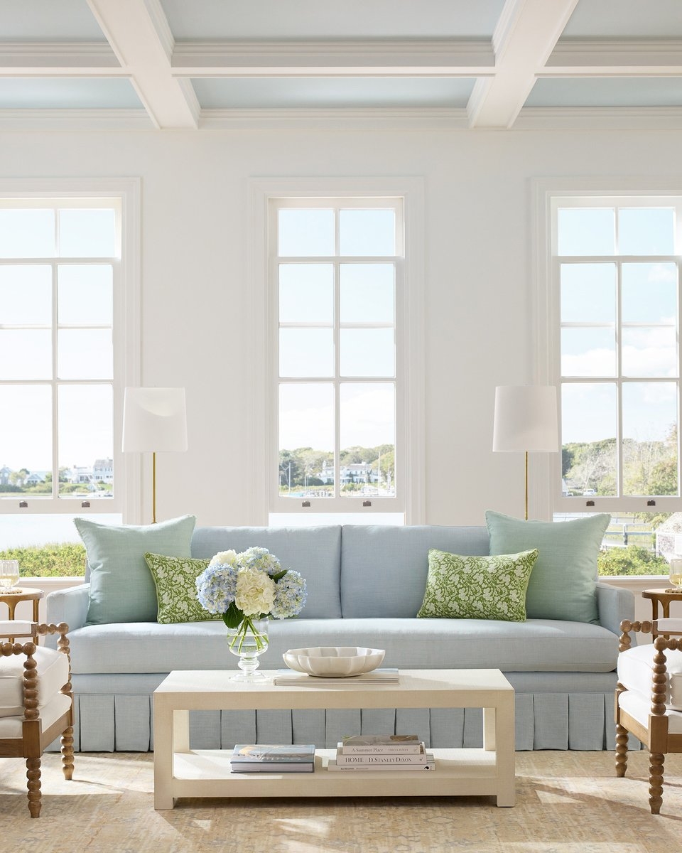Skirted Sofa with Pleated Base and Blue Fabric Styling