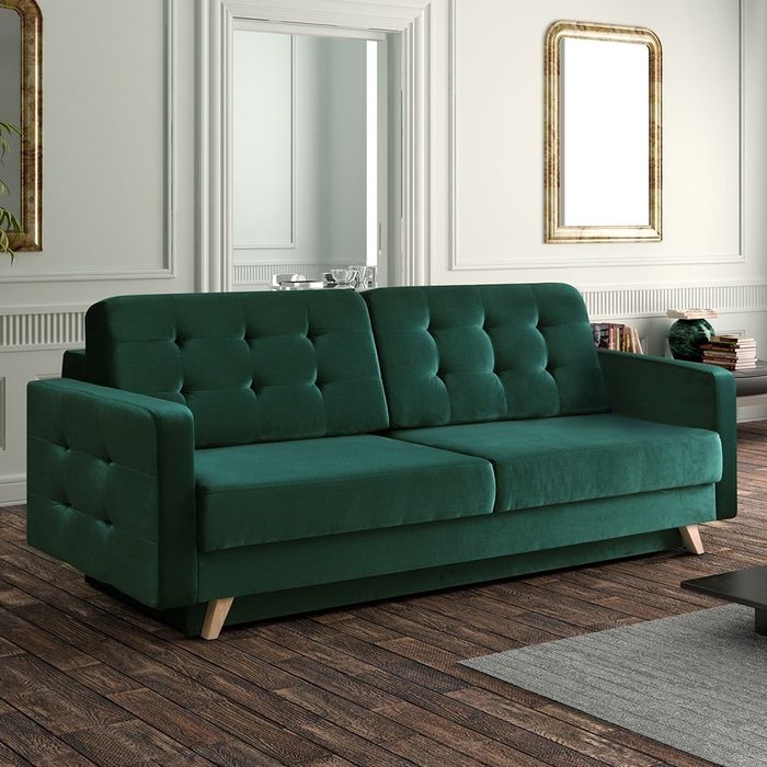 Sleeper Sofa: Forest Green Velvet with Biscuit Tufting Detail