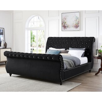Sleigh Bed: Crystal Button Tufted Onyx Black Sleigh Bed