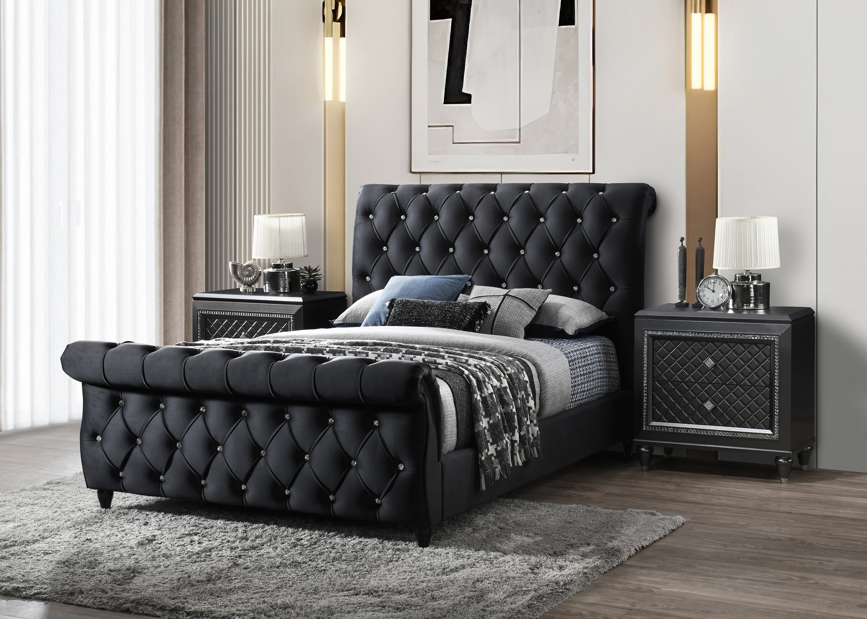 Sleigh Bed: Crystal Tufted Upholstery Black Sleigh Bed