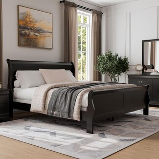 Sleigh Bed: Matte Black Wood Paneled Sleigh Bed