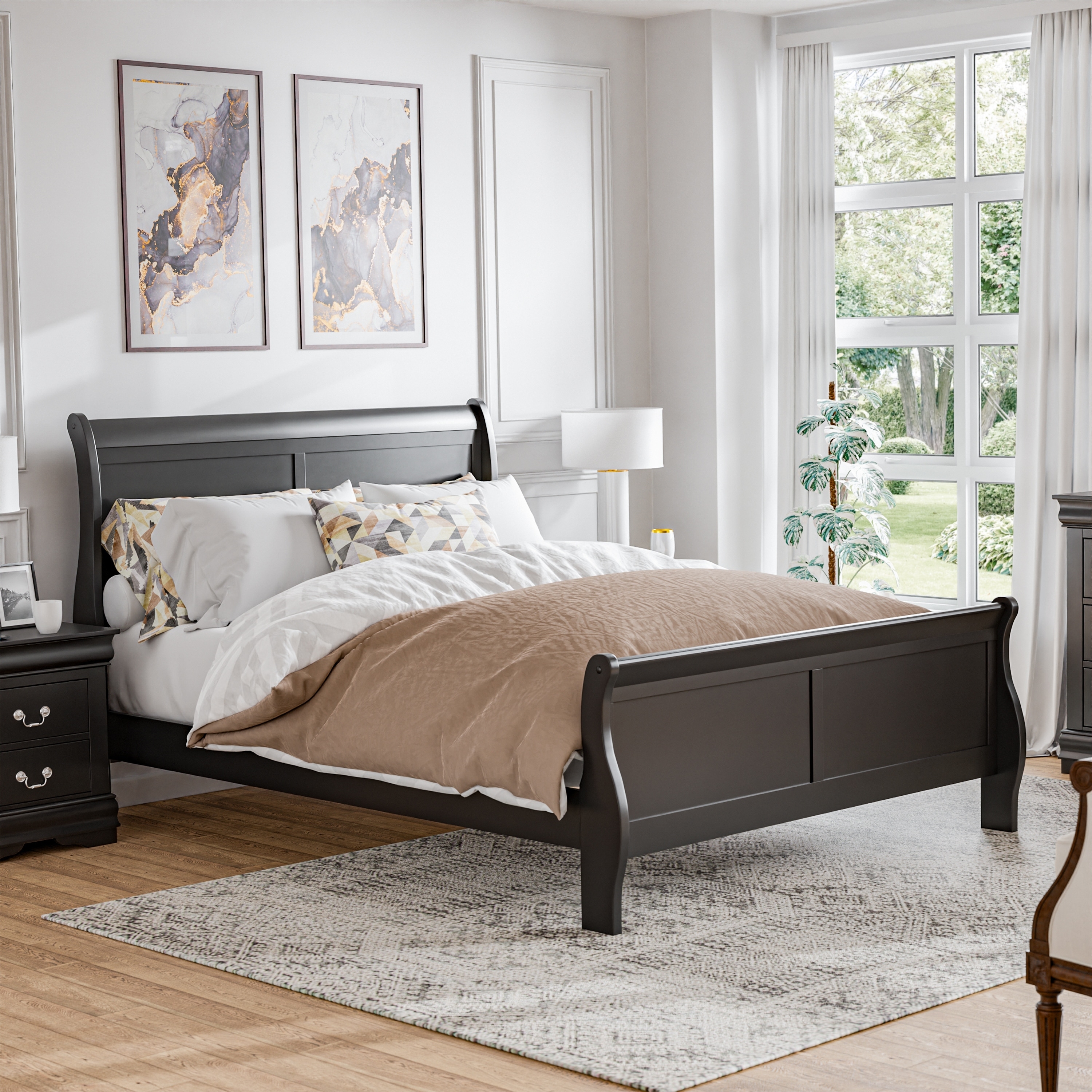 Sleigh Bed: Traditional Curved Wood Frame Sleigh Bed