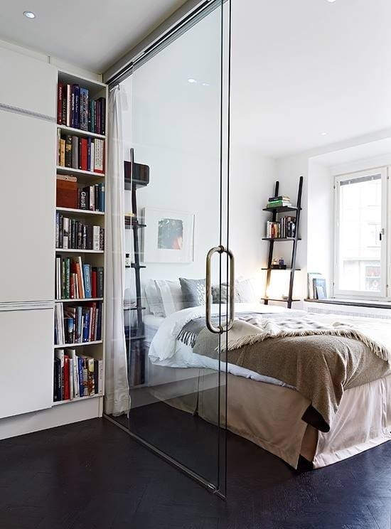 Sliding Glass Wall: Floor To Ceiling Integrated Bookshelf