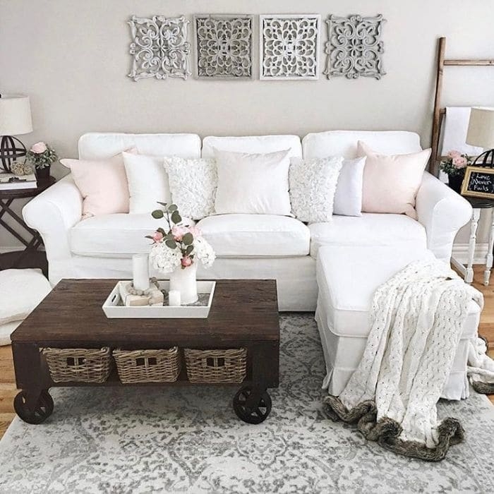 Slipcovered Sofa with Industrial Casters and Storage Baskets