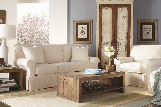 Slipcovered Sofa With Skirted Base Neutral Farmhouse Decor