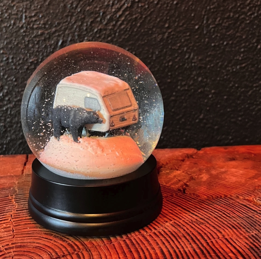Snow Globe: Black Bear Figurine Vintage Camper Curiosity