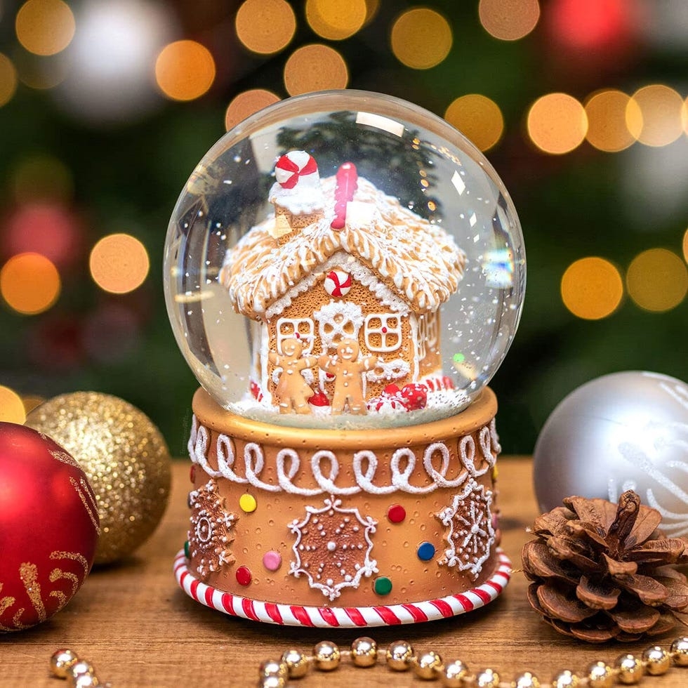 Snow Globe: Gingerbread House Motif Candy Cane Base Ornament