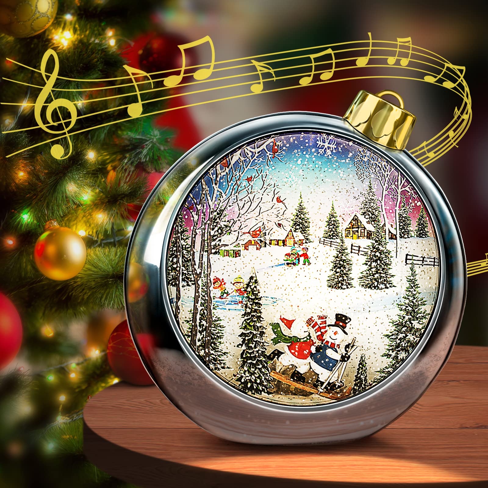 Snow Globe Lantern: Silver Musical Holiday Tabletop Display