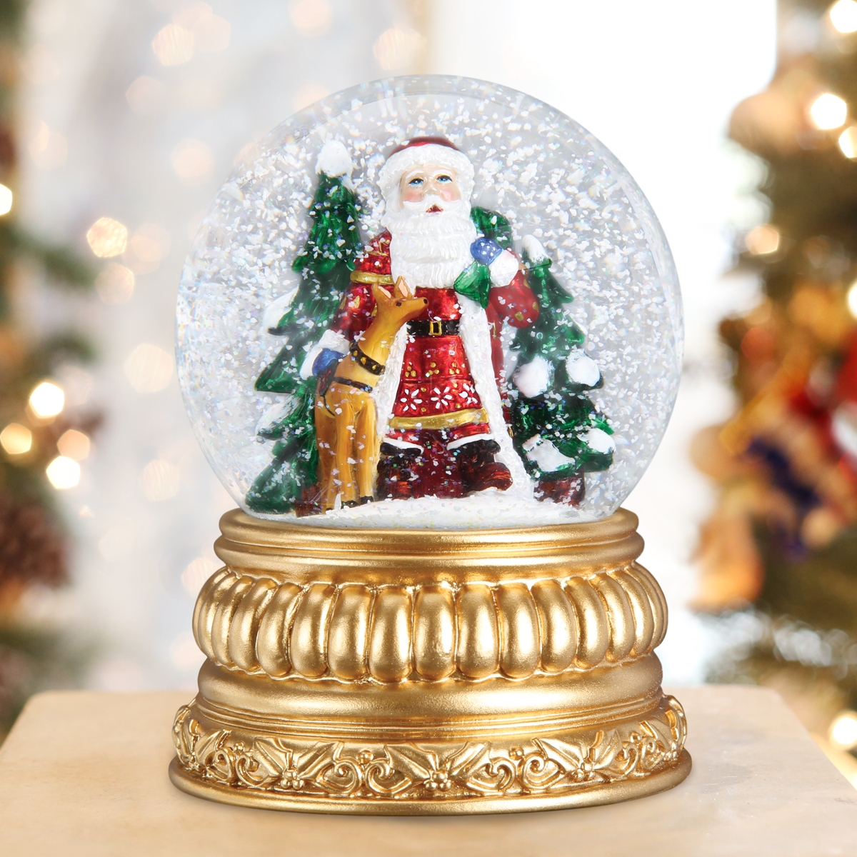 Snow Globe: Ornate Gold Pedestal Rotating Musical Feature