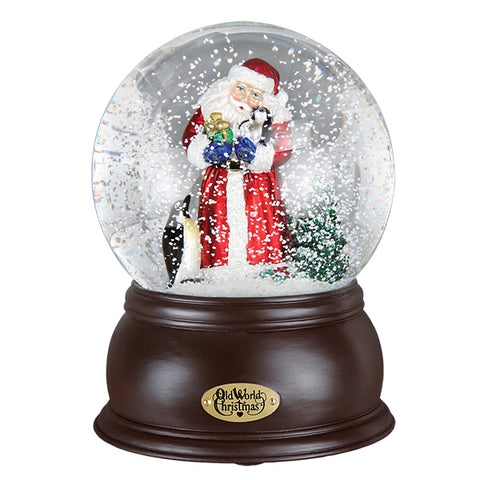 Snow Globe: Walnut Pedestal Base Santa with Penguins Gift