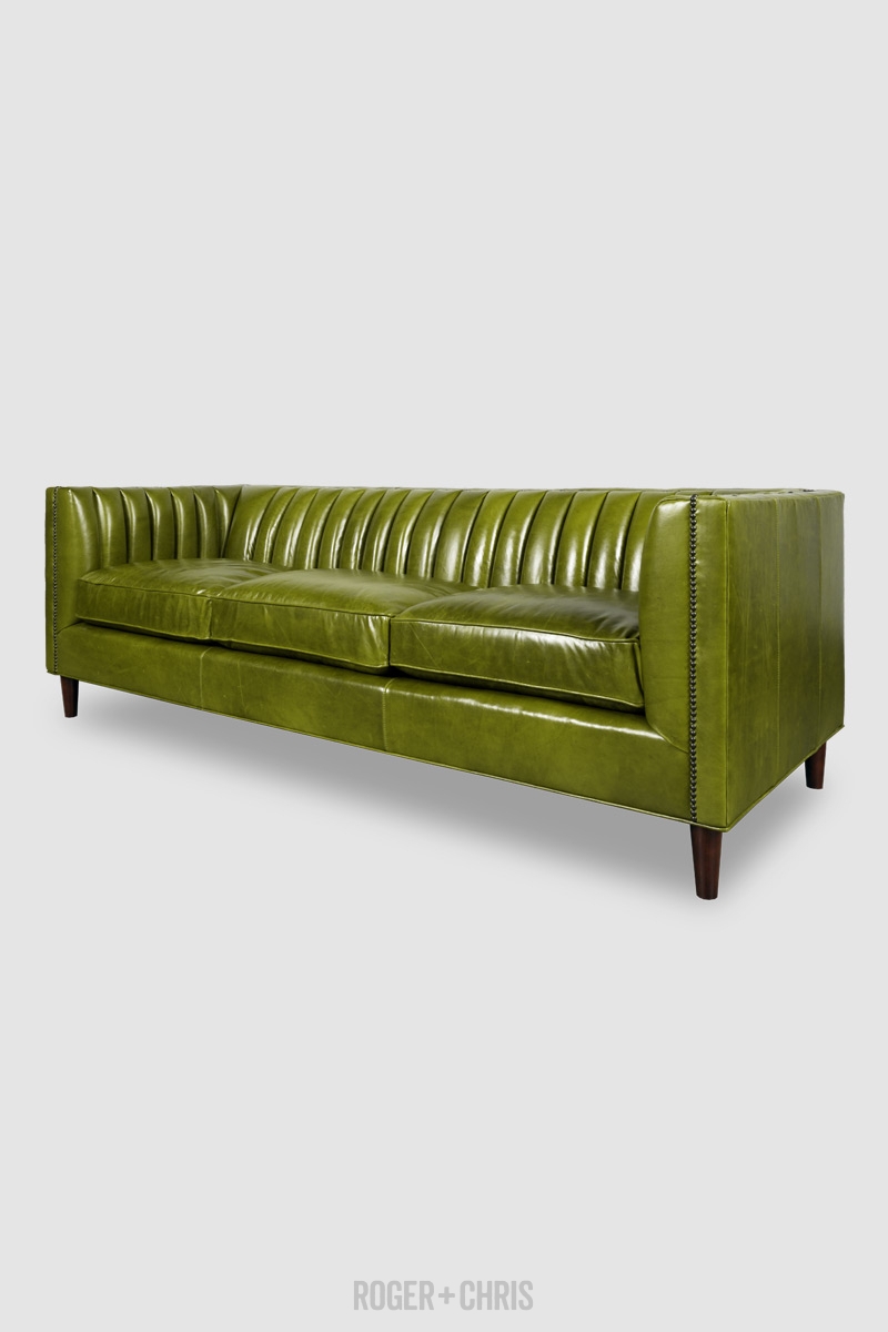 Sofa: Autumn Leaf Green Leather with Nailhead Trim Detail