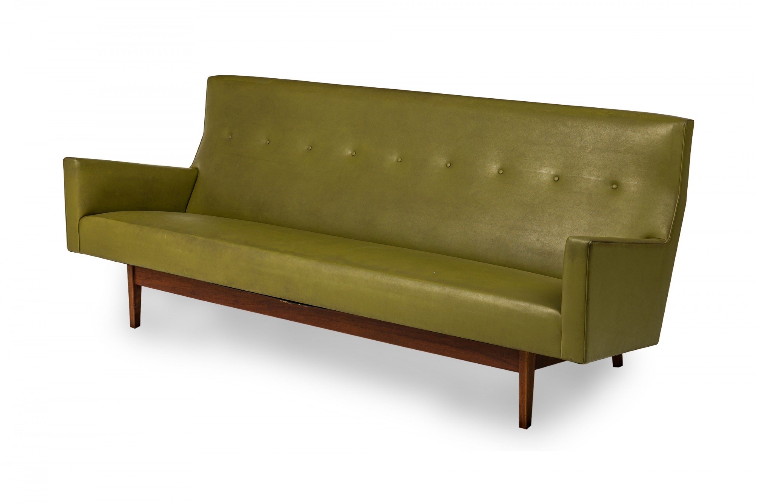 Sofa: Avocado Green Vinyl with Tapered Teak Wood Legs