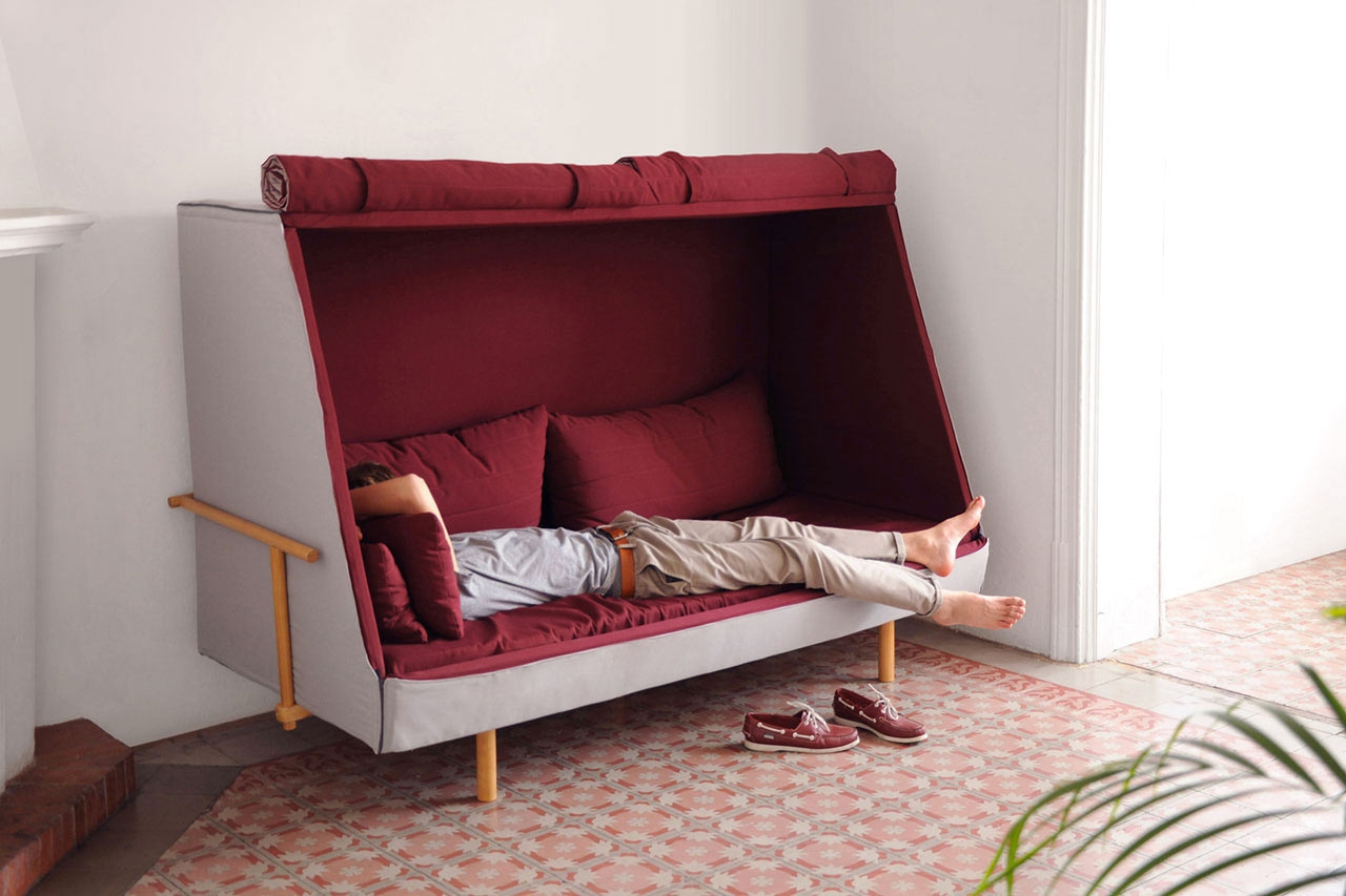 Sofa Bed: Enclosed Canopy Private Urban Fort & Burgundy Red