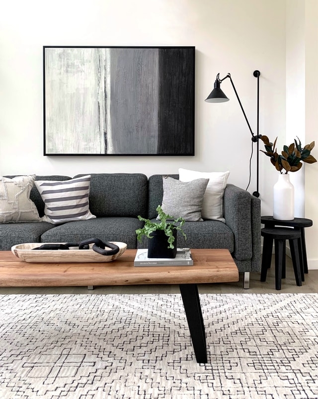 Sofa: Charcoal Live Edge Wooden Coffee Table Design