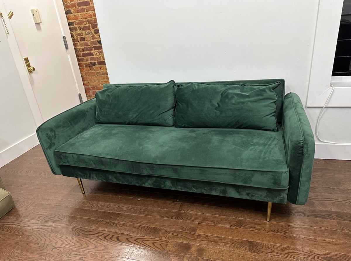 Sofa Couch: Emerald Green Velvet with Tapered Gold Legs