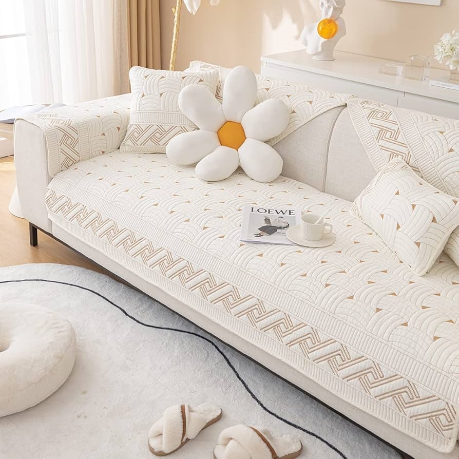 Sofa Cover With Arch Quilted Pattern Quilted Ivory Protector