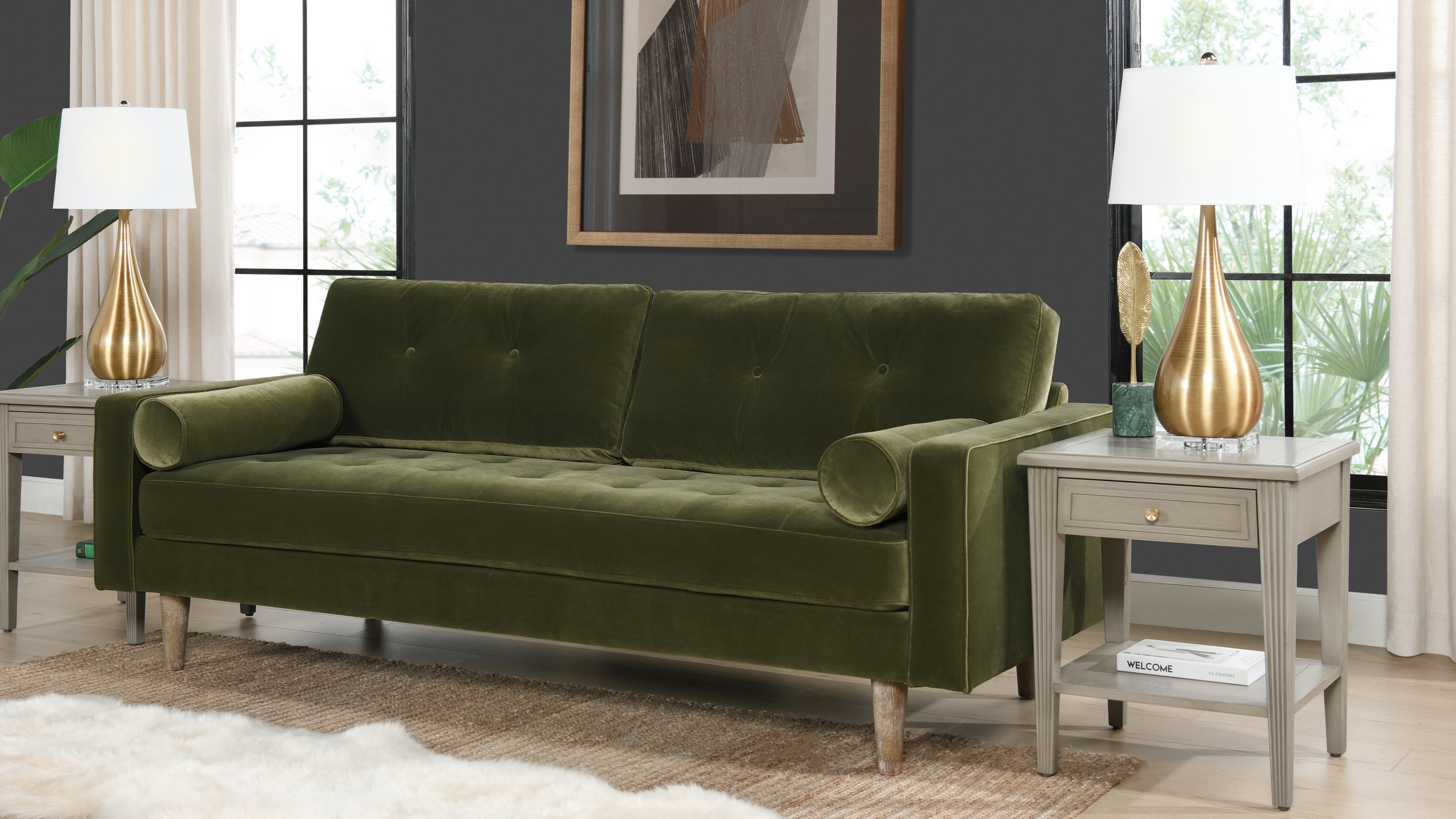 Sofa: Cylindrical Bolster Pillows on Olive Green Velvet