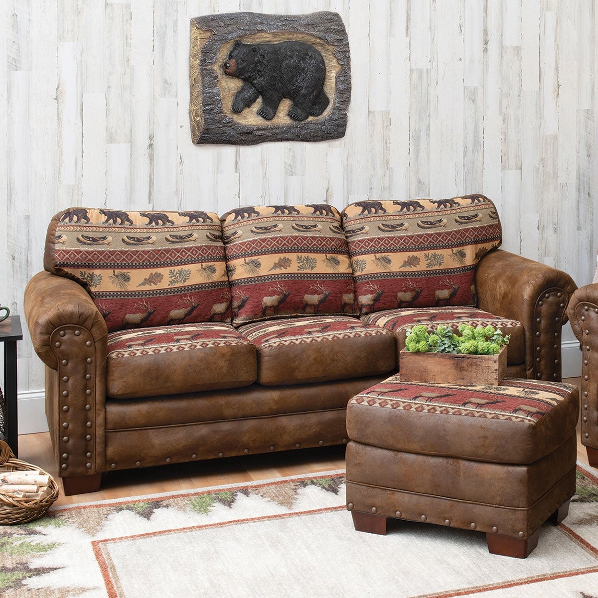 Sofa: Distressed Leather Look Couch and Forest Theme Upholstery