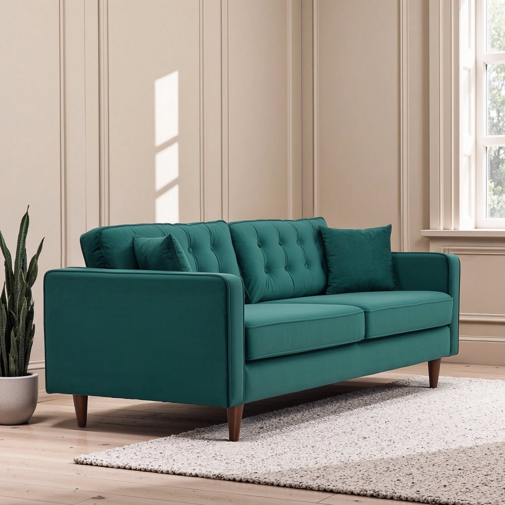 Sofa: Emerald Green Velvet with Button Tufted Back Cushions