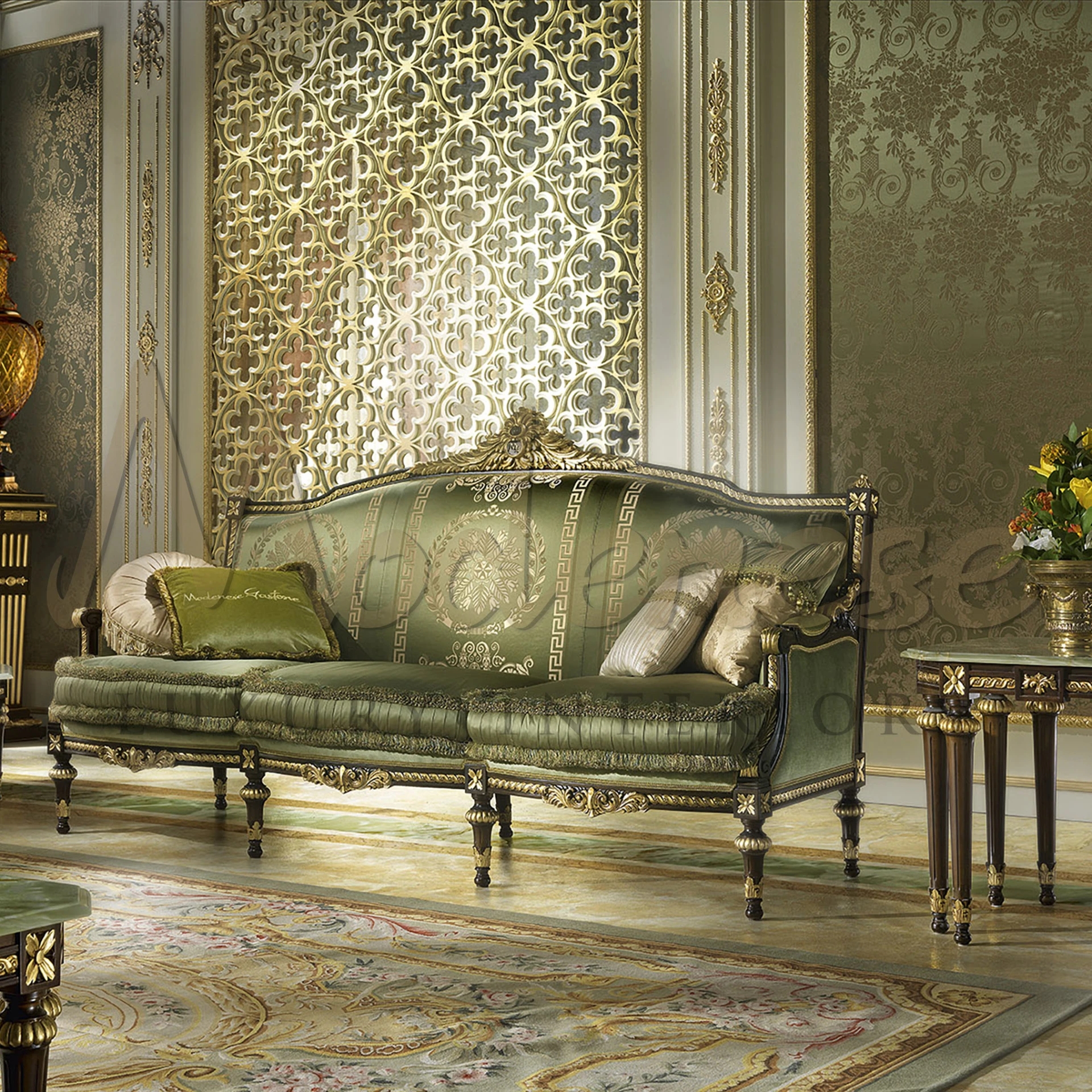 Sofa Emerald Jewel Damask Fringe Trim Victorian
