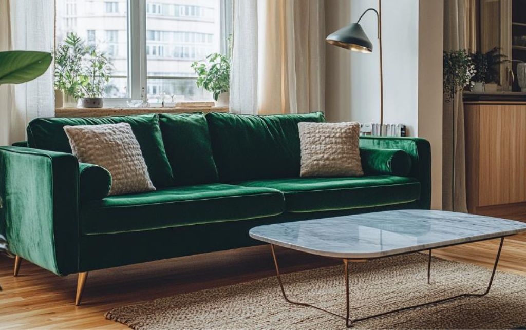 Sofa Emerald Velvet Marble And Gold Metal Tapered