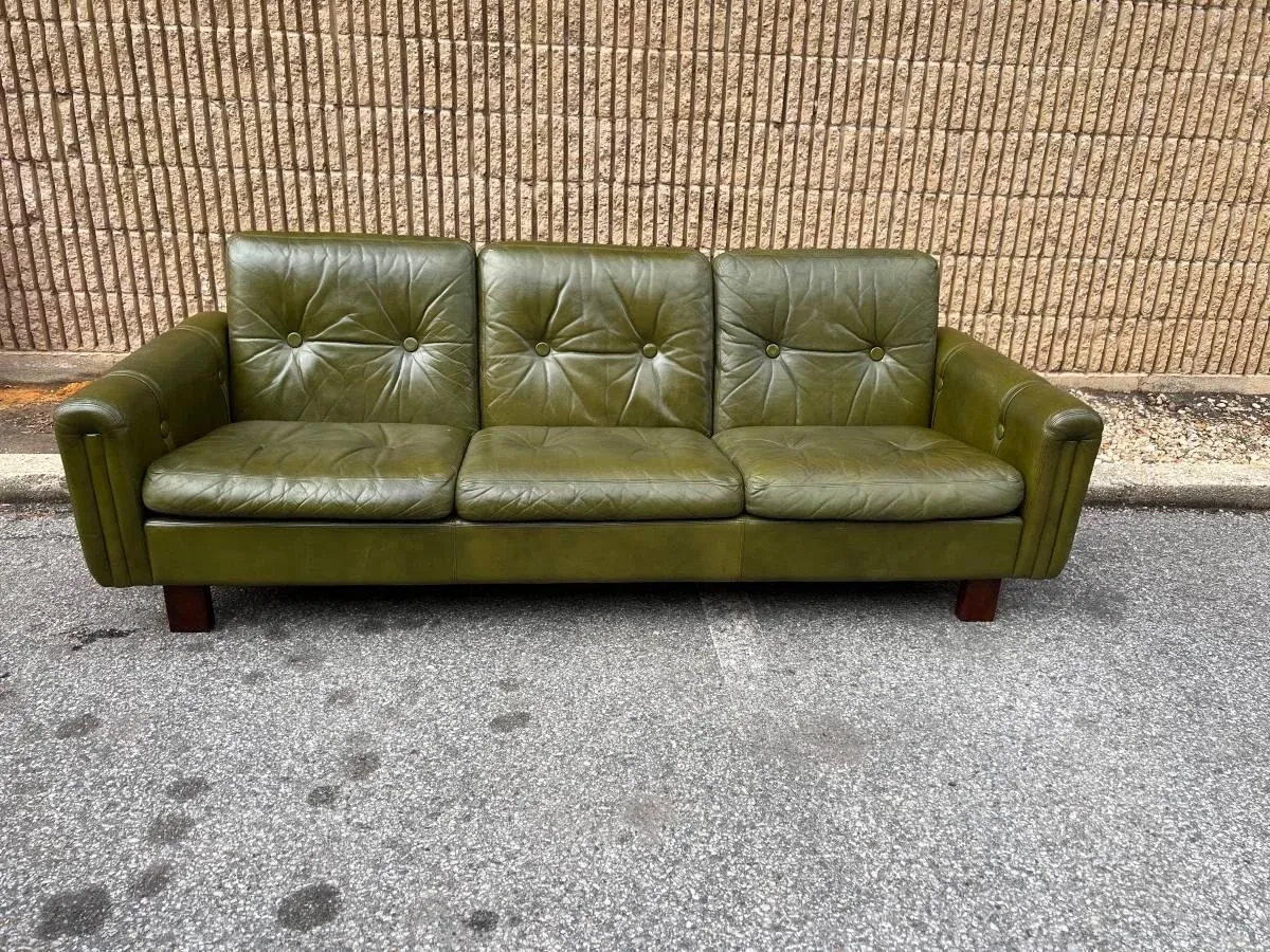 Sofa: Green Leatherette with Vertical Arm Stitching Detail