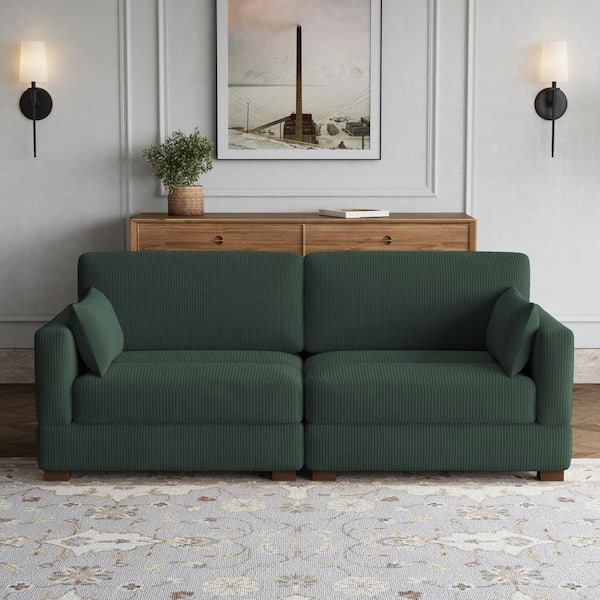 Sofa Hunter Green Corduroy Ribbed Fabric Square Arm