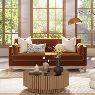 Sofa In Burnt Orange Velvet Plus Fluted Wood Coffee Table