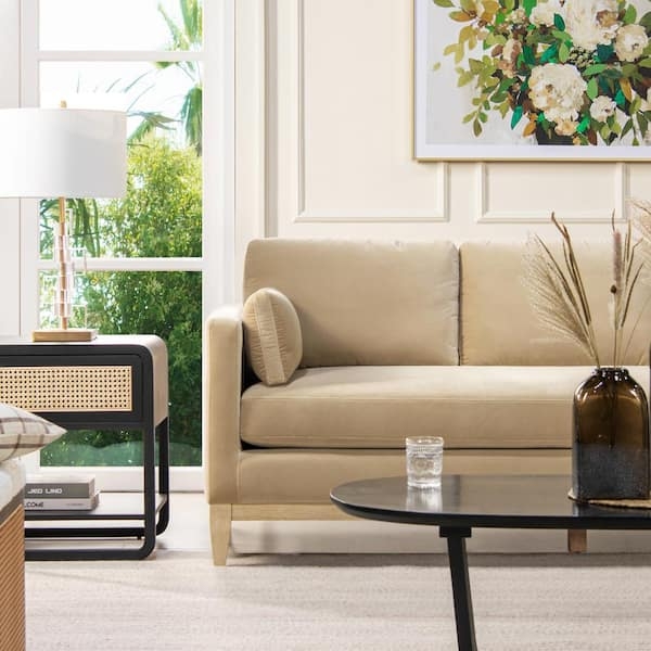 Sofa in Performance Velvet with Cane Accent Side Table Detail