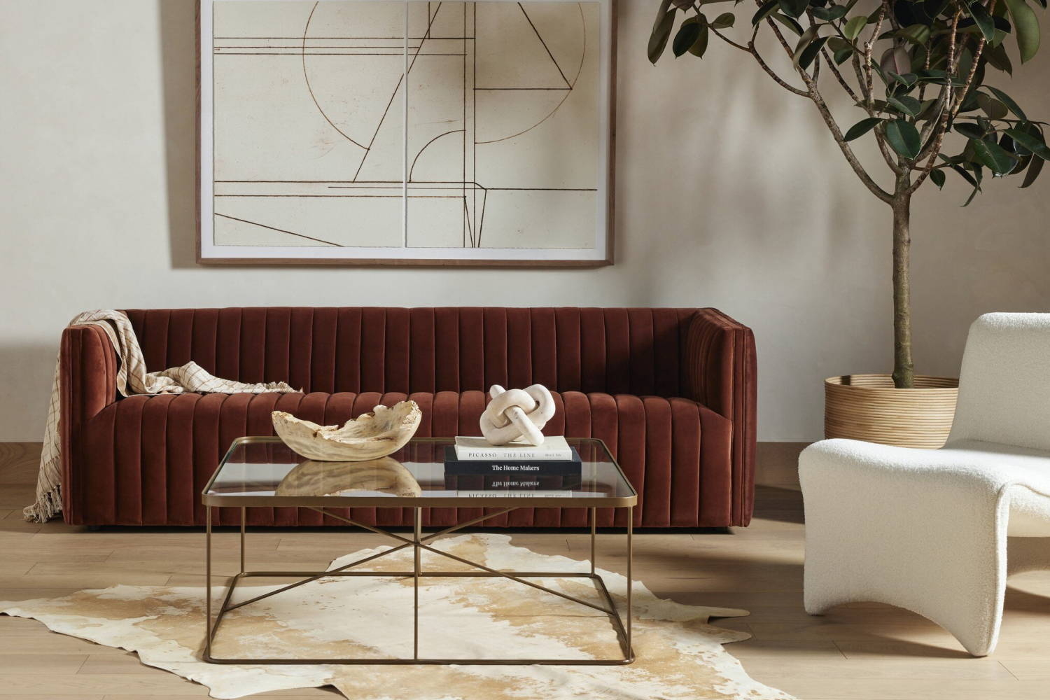 Sofa in Rust Velvet with Channel Tufting for Living Rooms