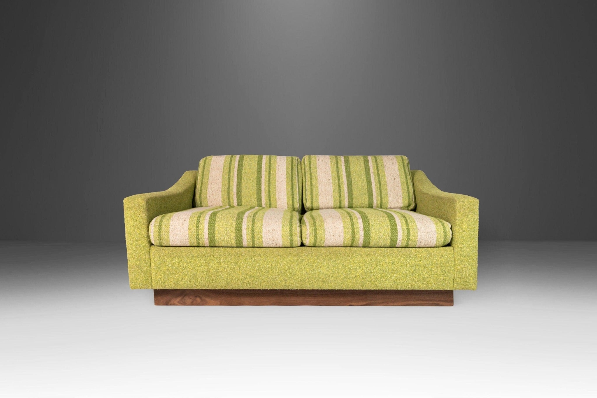 Sofa: Lime Green Tweed with Walnut Plinth Base and Stripes