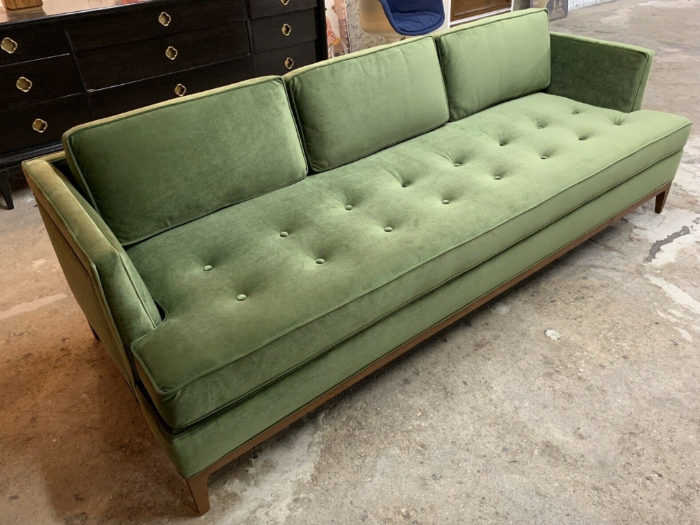 Sofa: Moss Green Velvet with Tufted Bench Seat Cushion