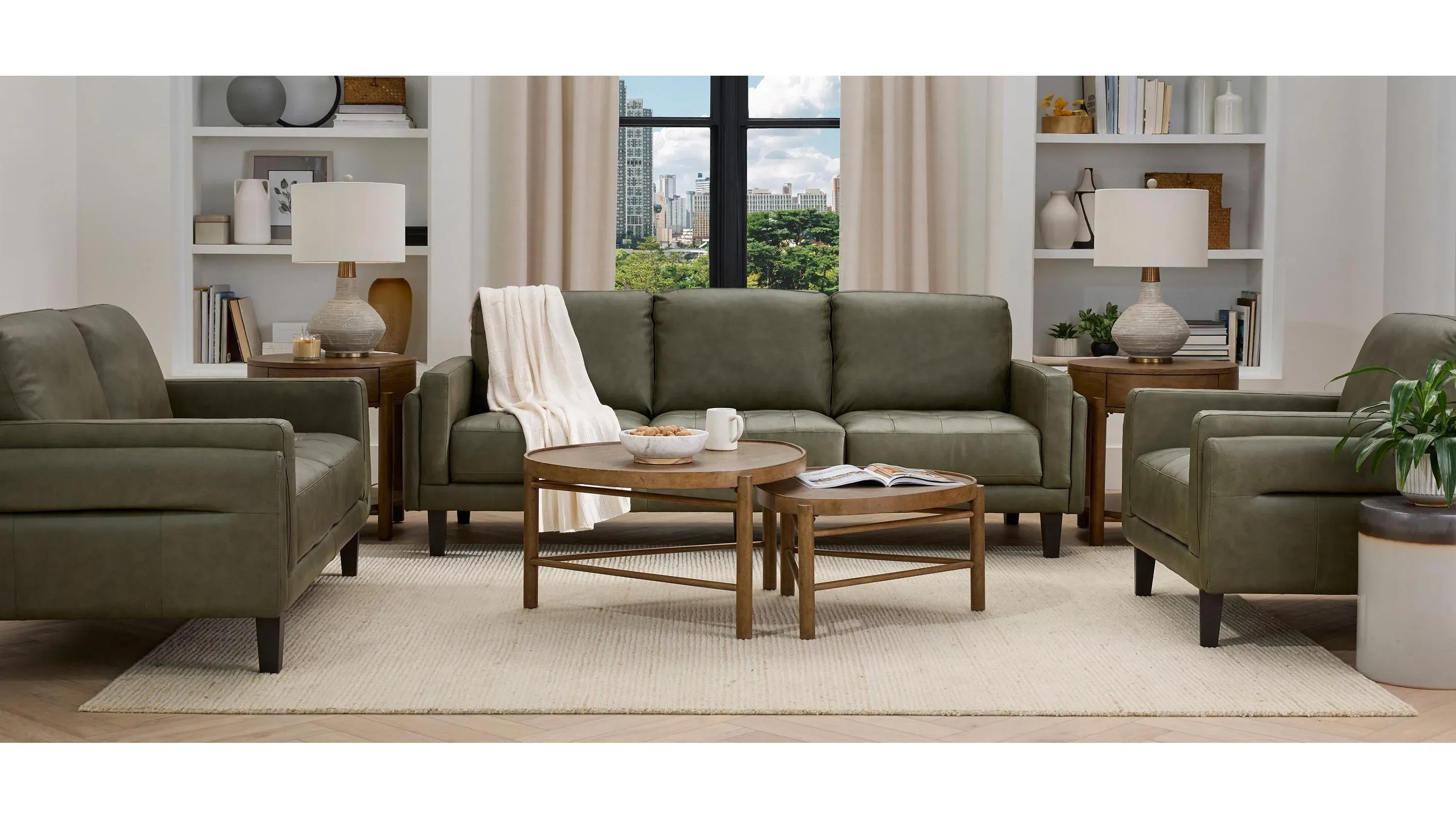 Sofa Olive Green Leather Like Tapered Legs Track