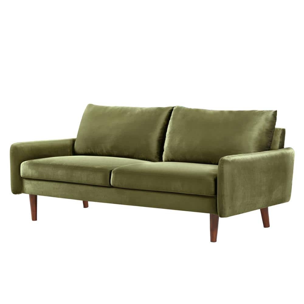 Sofa: Olive Green Velvet with Splayed Wood Legs and Square Arms