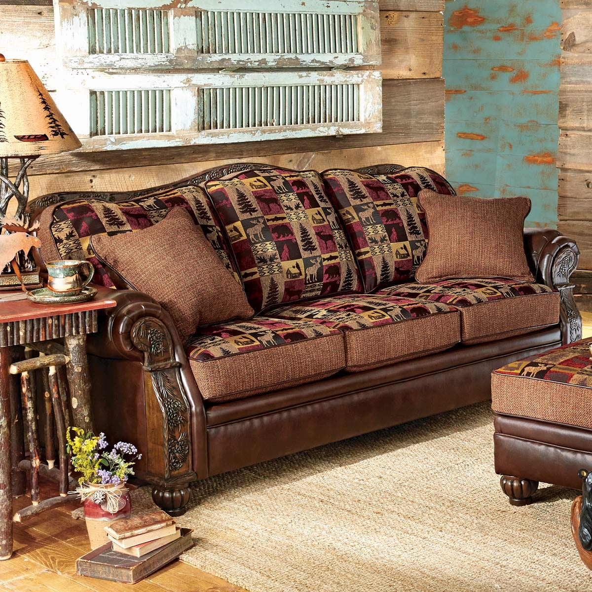 Sofa: Ornate Carved Arms and Wildlife Pattern Upholstered Seating