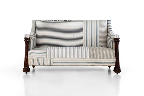 Sofa Patchwork Carved Arms Blue Striped Patchwork Sofa
