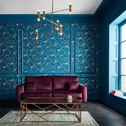 Sofa Plum Velvet Bird Motif Gold Geometric Frame Design