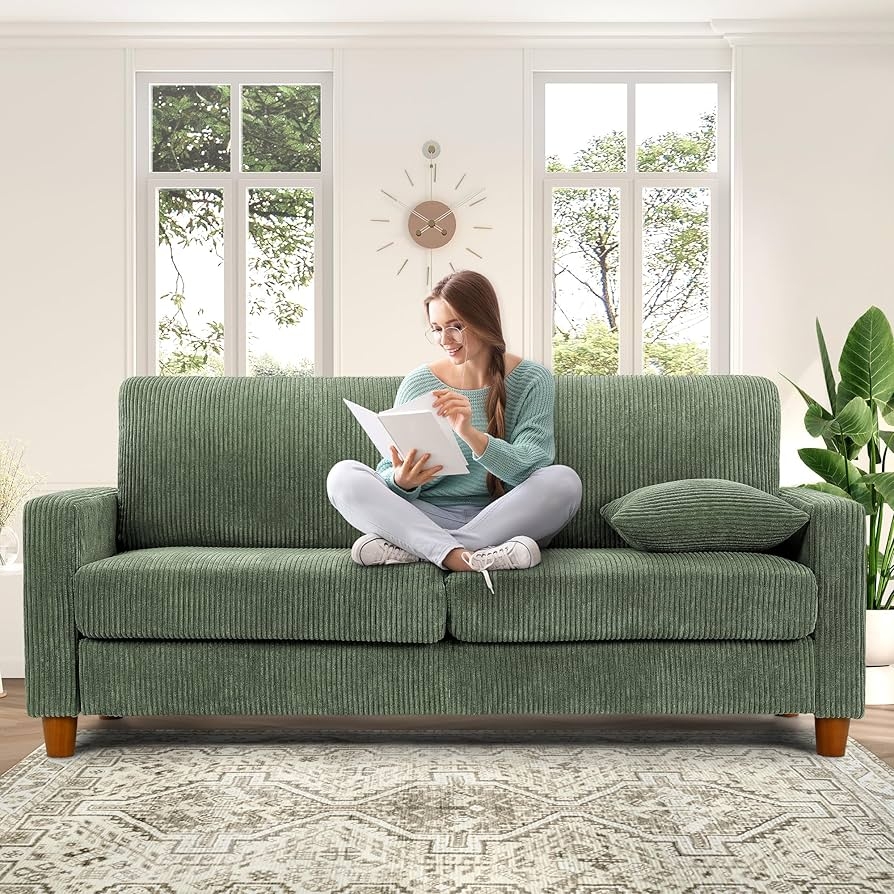 Sofa Sage Green Corduroy Tapered Wood Legs Loveseat