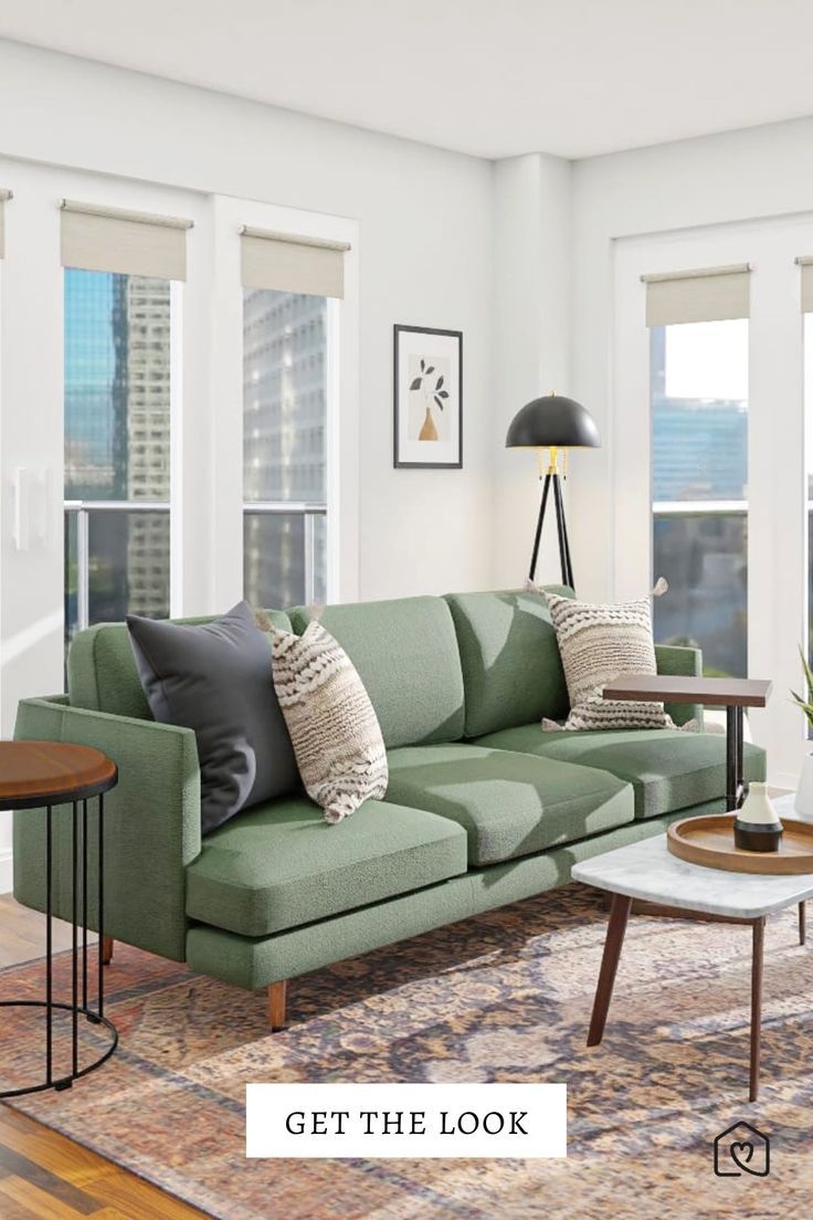 Sofa: Sage Green Upholstery with Tripod Base Floor Lamp