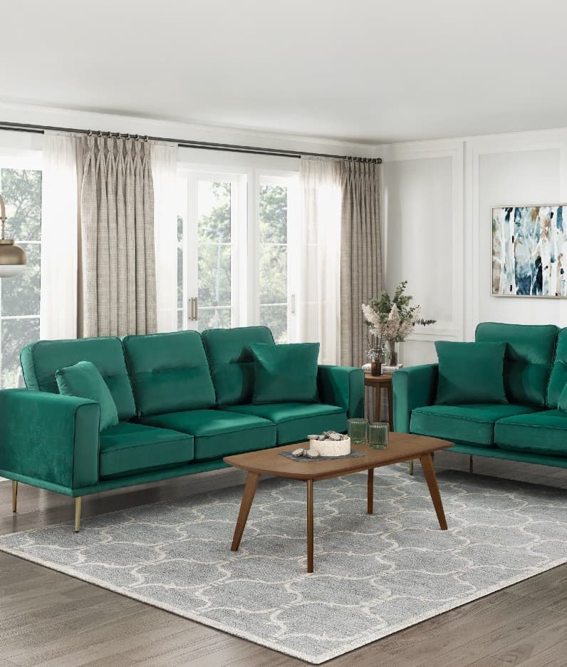 Sofa Set Emerald Green Velvet Gold Tapered Legs