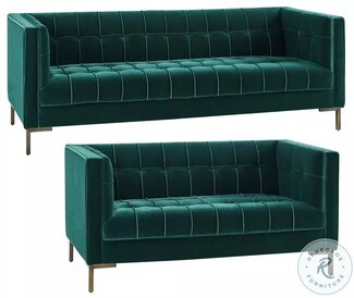 Sofa Set: Emerald Green Velvet with Grid Stitching