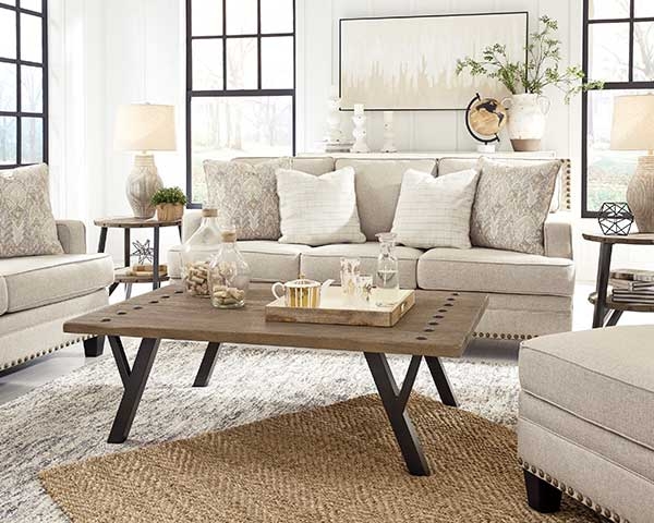 Sofa Set Featuring Metal Bolt Accents Industrial Coffee Table