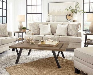Sofa Set Featuring Metal Bolt Accents Industrial Coffee Table