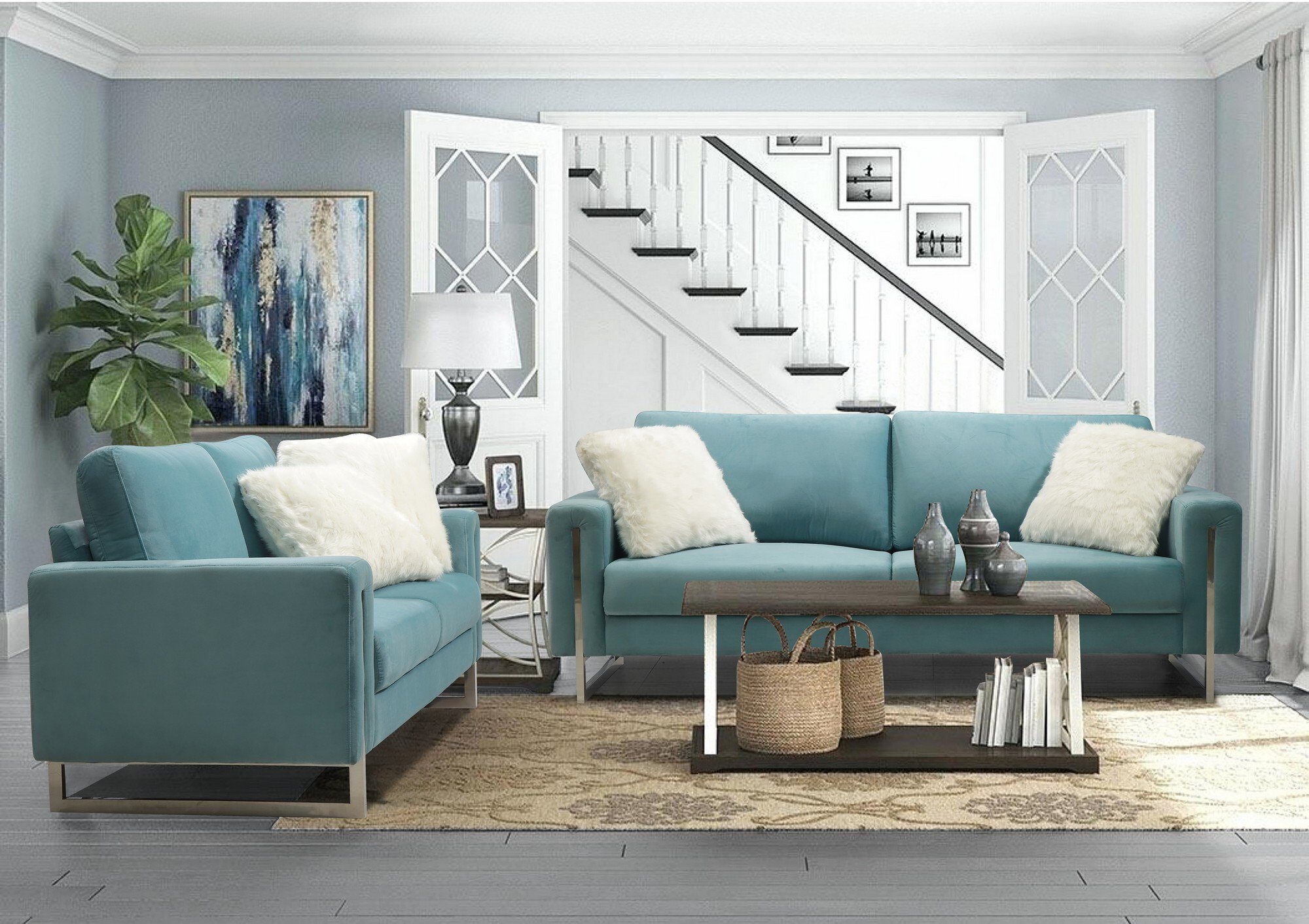 Sofa Set Metal Sled Legs Shag Accents Modern Sled Base Couch