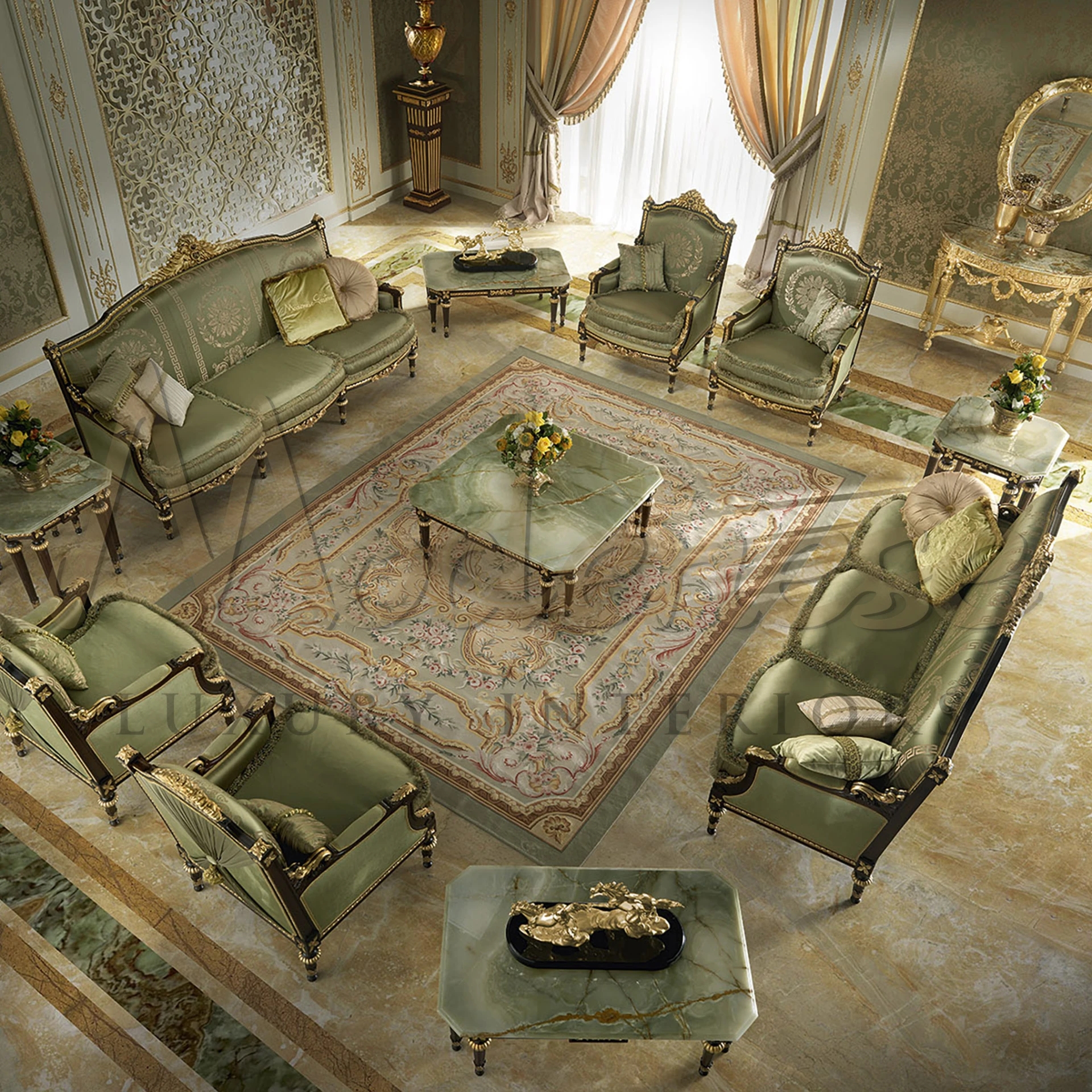 Sofa Set Sage Gilded Green Veined Tabletops