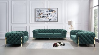 Sofa Set with Deep Button Tufting and Gold Legs