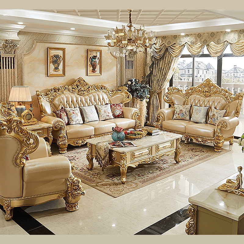 Sofa Set with Ornate Gold Frames and Deep Button Tufted Upholstery