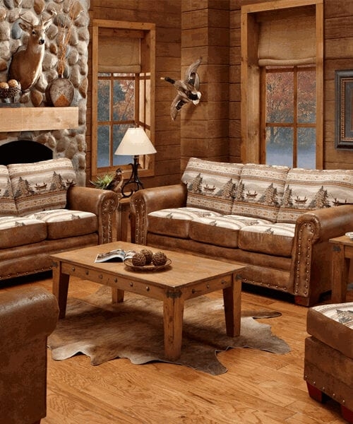 Sofa Set with Scenic Forest and Distressed Leather